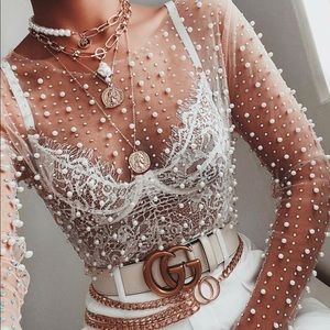 Windsor bead and pearl sheer long sleeve top